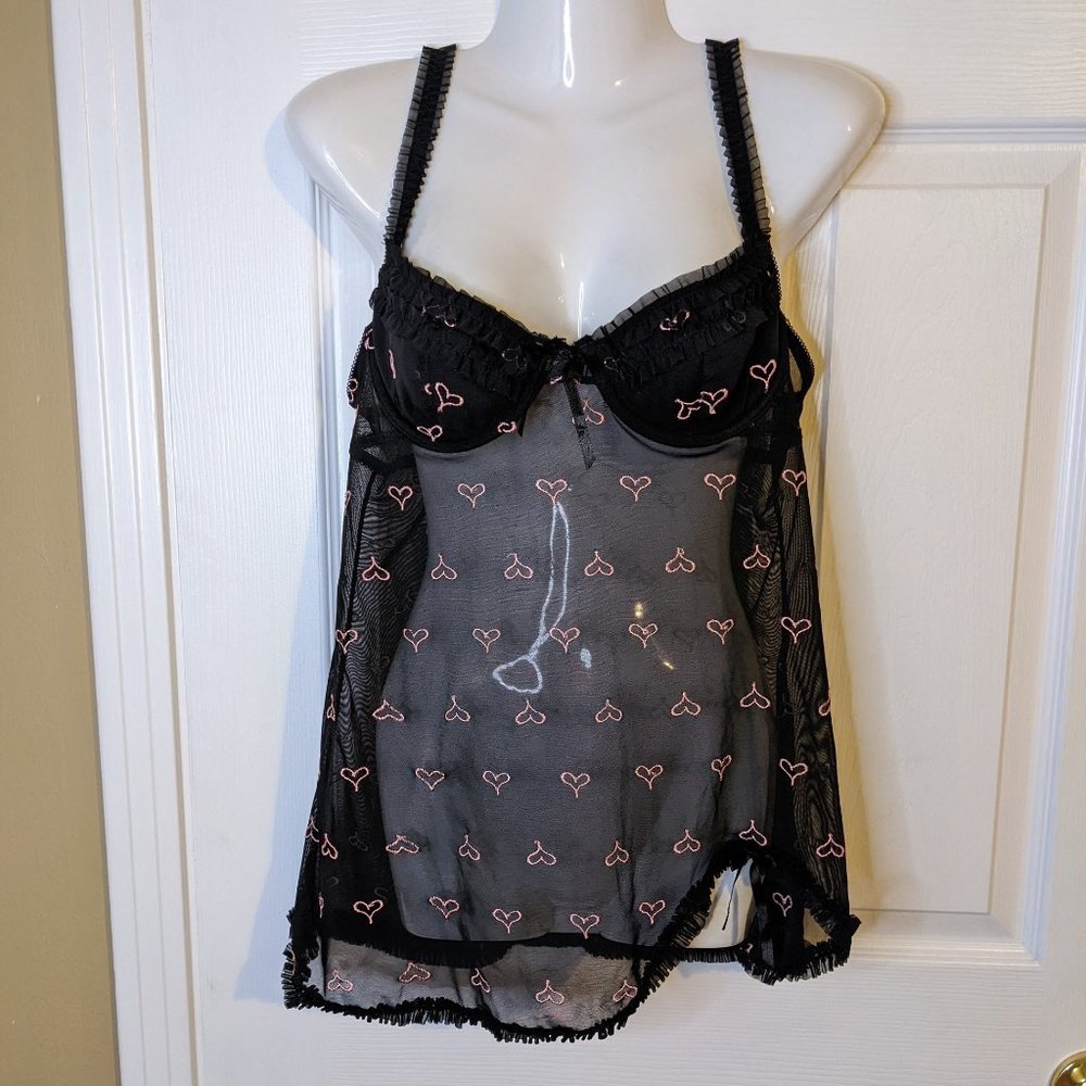 Native Intimates Black Mesh Lace Bustier Babydoll w/Pink Hearts - size 34B/S